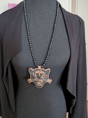 Black Panther Large Wooden Beaded Necklace with Tiger Pendant - Good Wood